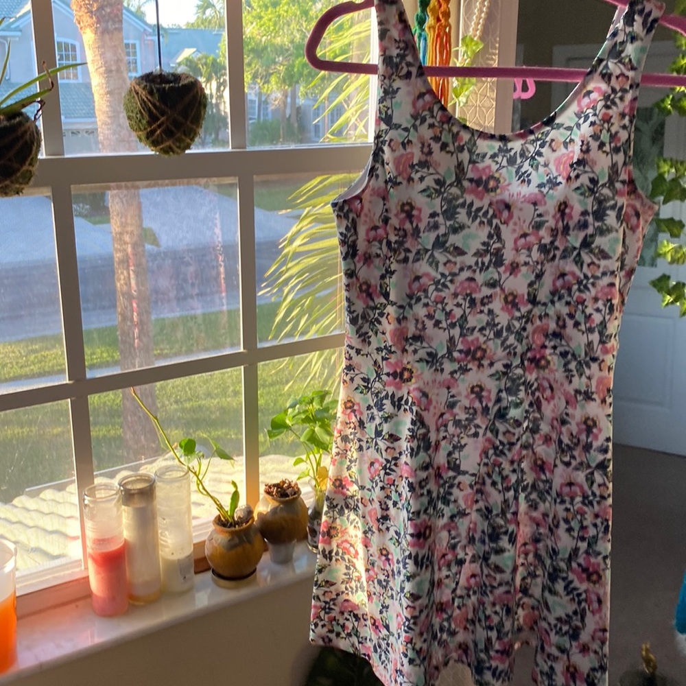 Beautiful white dress with pink and black floral mini dress size 14